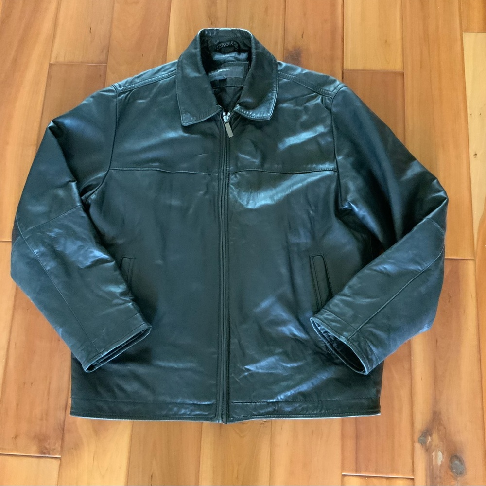 Vintage Perry Ellis Portfolio black leather trucker jacket size L